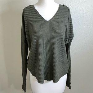 Olive Green Waffle Knit Hooded Long Sleeve